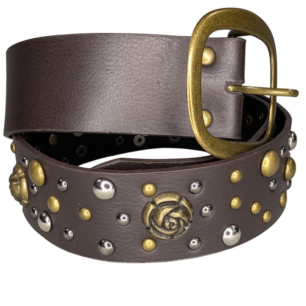 Brown Faux Leather Studded Belt Womens Small  Bronzed Buckle Hippie Hipster